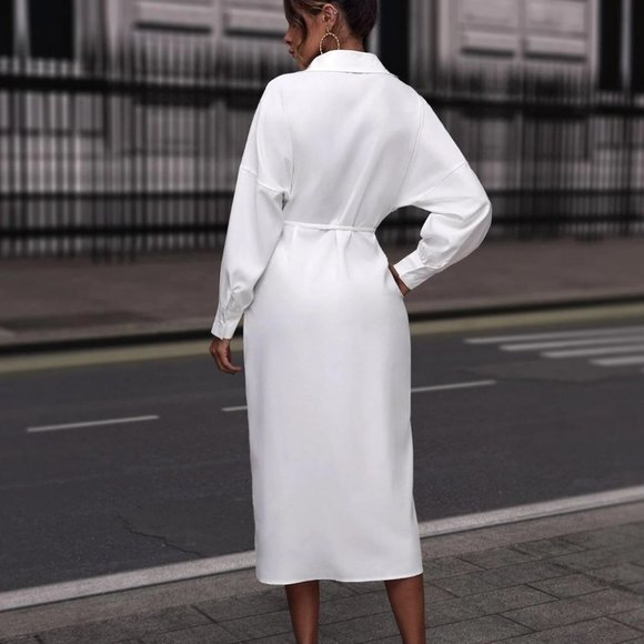 White Preppy Womens Drop Shoulder Self-tie Wrap Shirt Dress - Picture 2 of 5